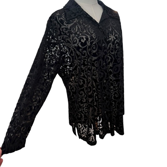 Women's XL Black Burnout Velvet Whimsical Goth Collared Button-Up Sheer Blouse - Picture 4 of 7